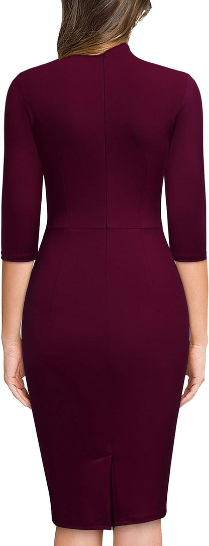 Women'S Retro Half Collar Ruffle 2/3 Sleeve Cocktail Pencil Dress